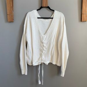 1. State Moody Hues Lace V Back Pullover Sweater